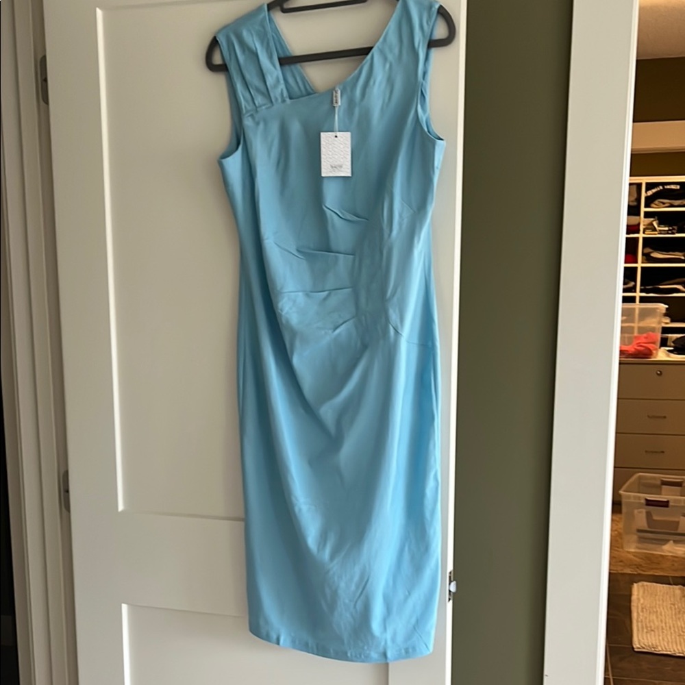 Haute Edition Sky Blur Women's Ruched Shoulder Bodycon Sheath Dress